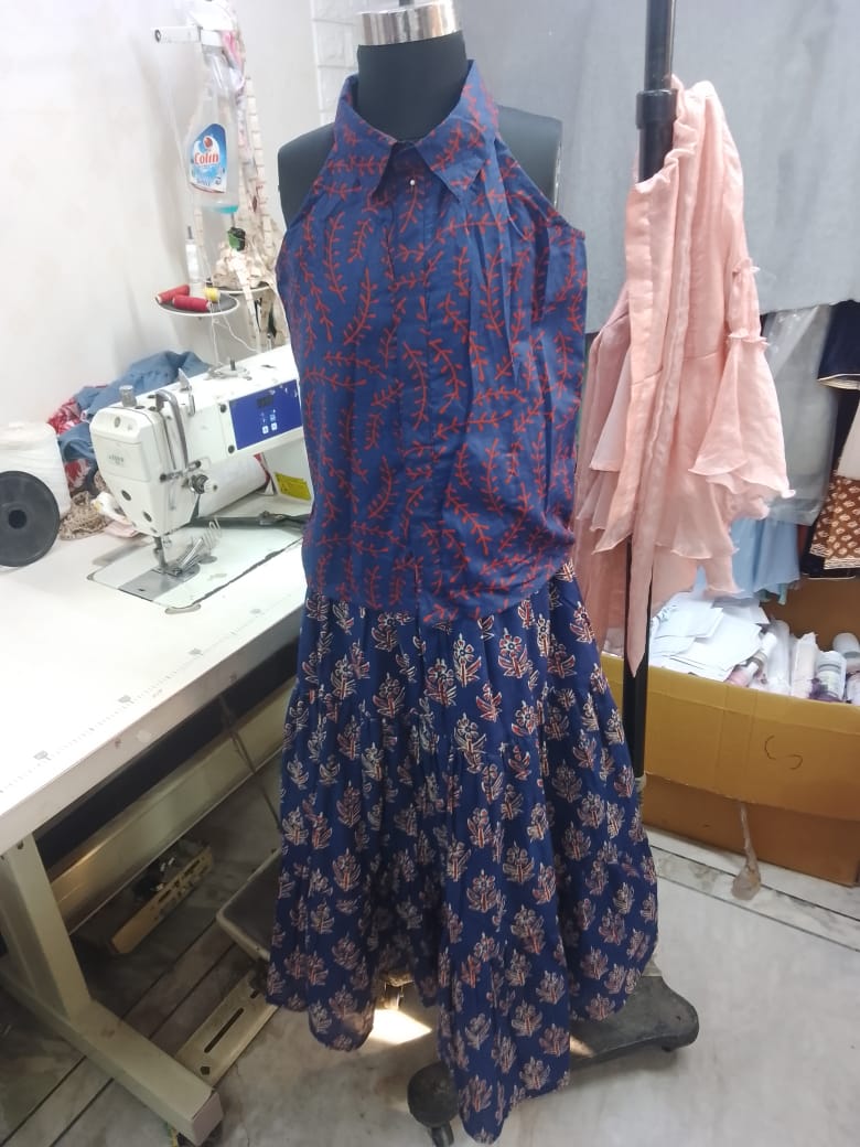 Girls Hip Length All over Print Lehenga Choli - Navy Blue