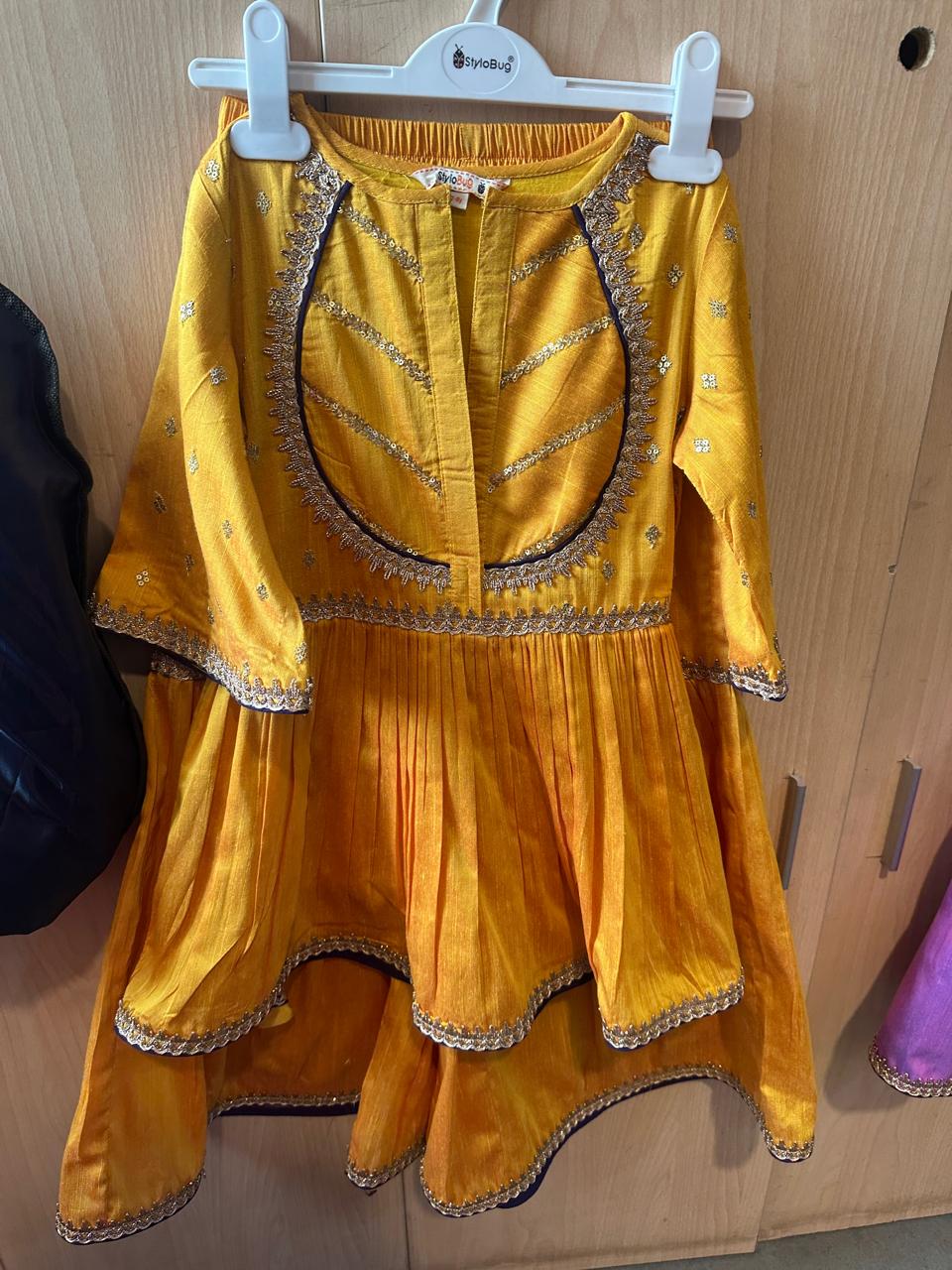 Girls Mid Thigh Embroidery Kurti Set - Yellow