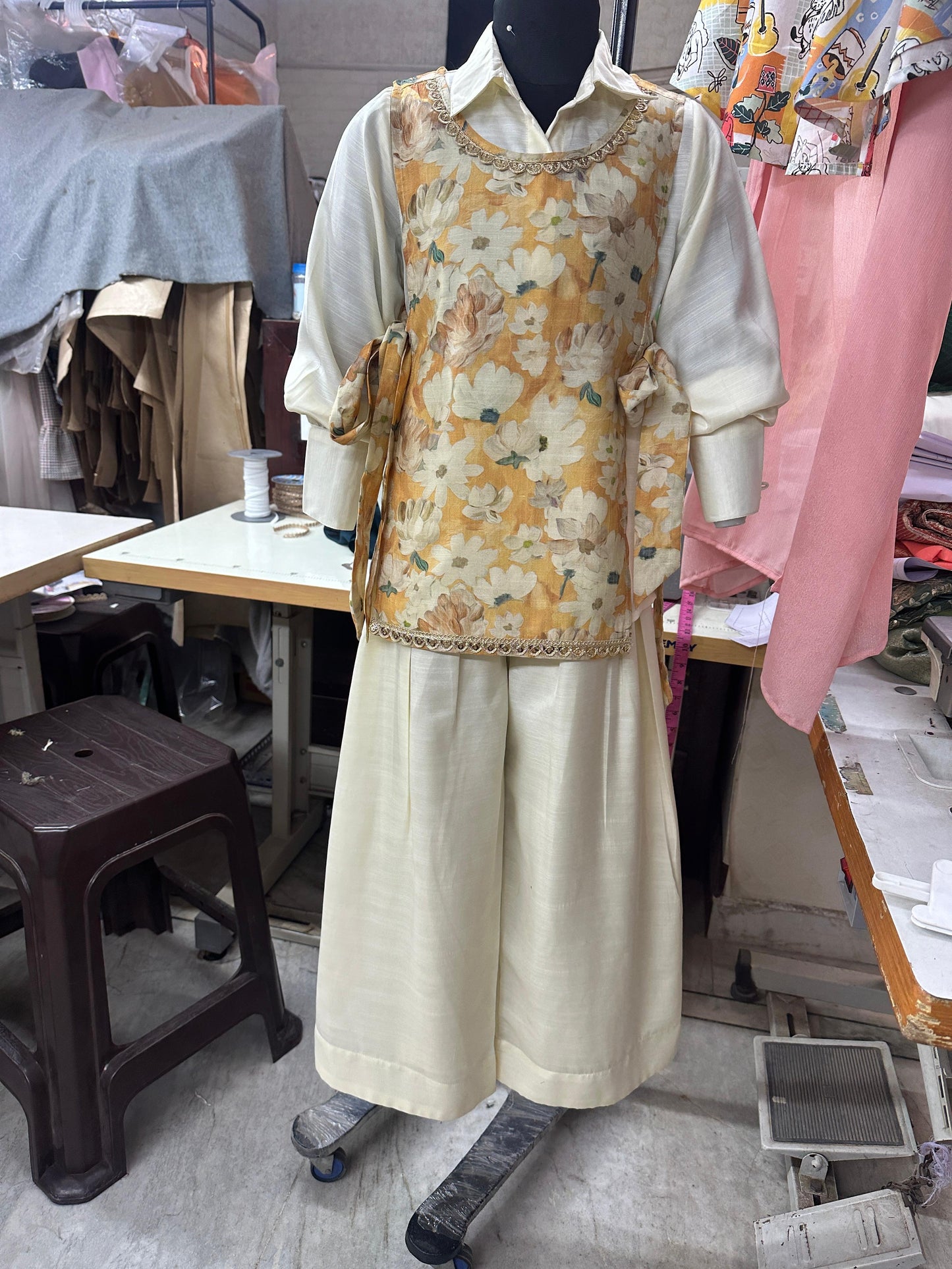 Girls Hip Length Printed Top With Pants - Yellow