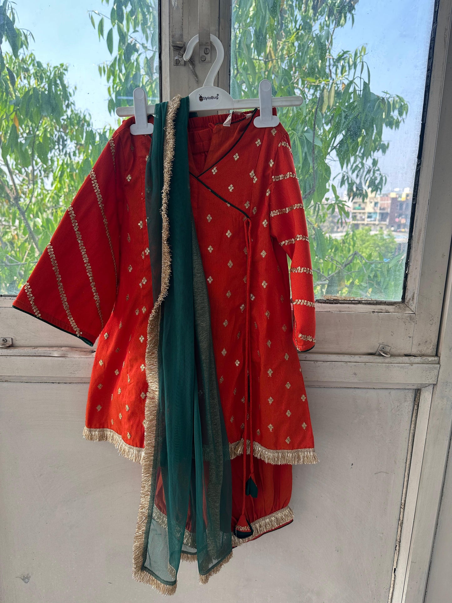 Girls Mid Thigh Embroidery Kurti Set - Orange