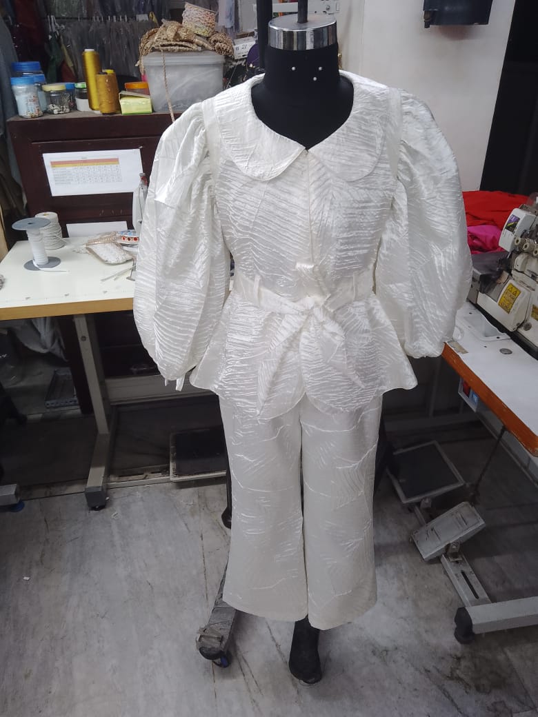 Girls Hip Length Solid Top With Pants - White
