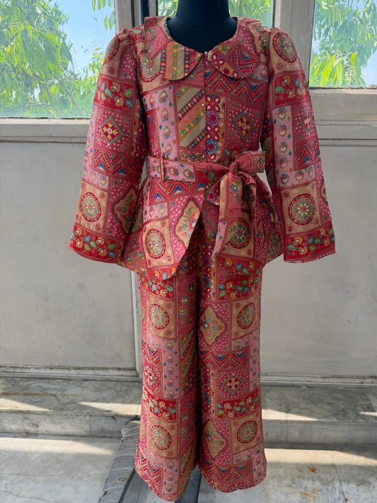 Girls Hip Length All over Print Kurti Set - Red