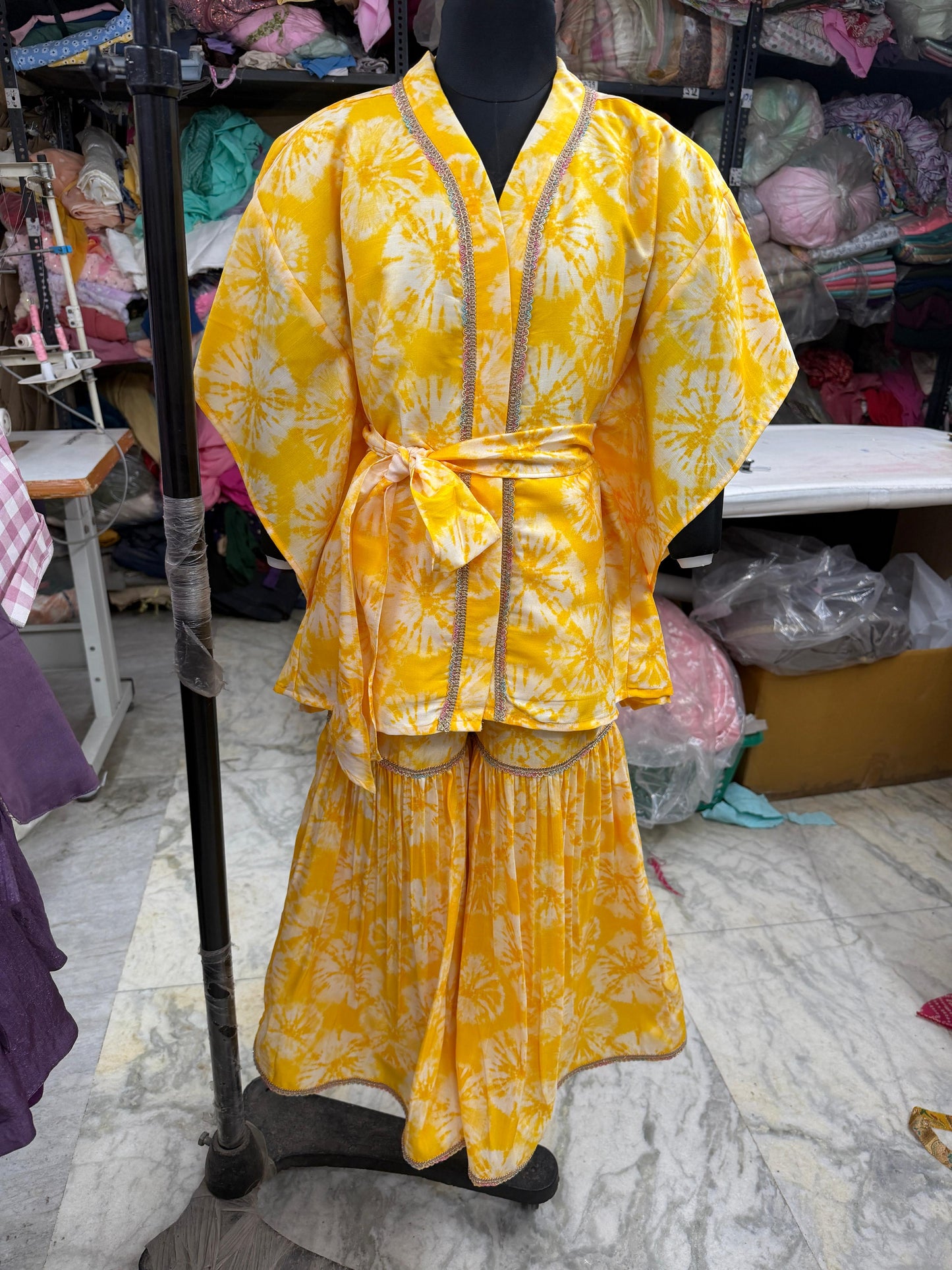Girls Mid Thigh All over Print Kurti Set - Yellow