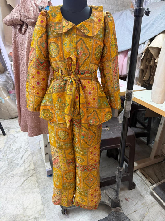 Girls Hip Length All over Print Kurti Set - Yellow